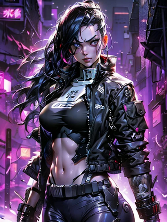cyberpunk anime, Marvel trend, gender swap, cinematic, high-definition computer graphics, dynamic view, best framing, HD12K quality, Frank Castle, The Punisher, long black hair, ponytail hairstyle, large breasts, wide hips, vertical scar on the left eye, wearing tactical jacket, black and white latex suit, with a white skull printed on the chest, sexier, stylish trend, fierce look, pistols in hand, cool pose on a street at night,