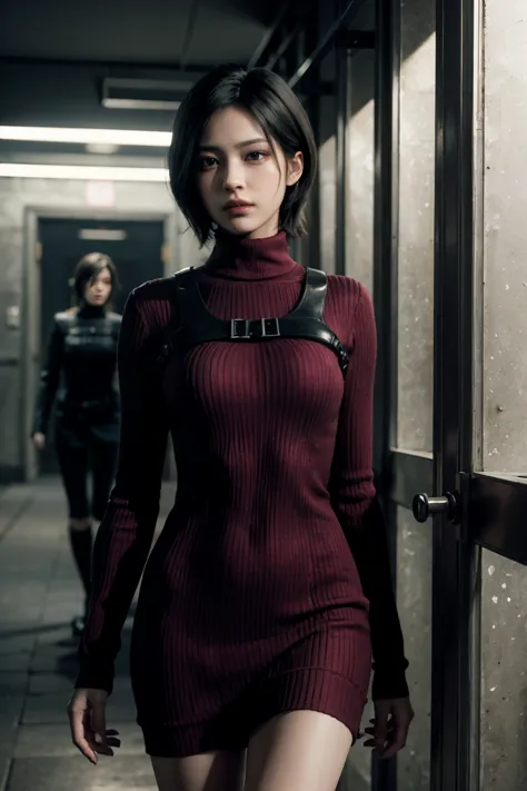 RE4Ada, short black hair, brown eyes, red turtleneck dress, long sleeves, looking at viewer, serious, walking, inside a dark hal...