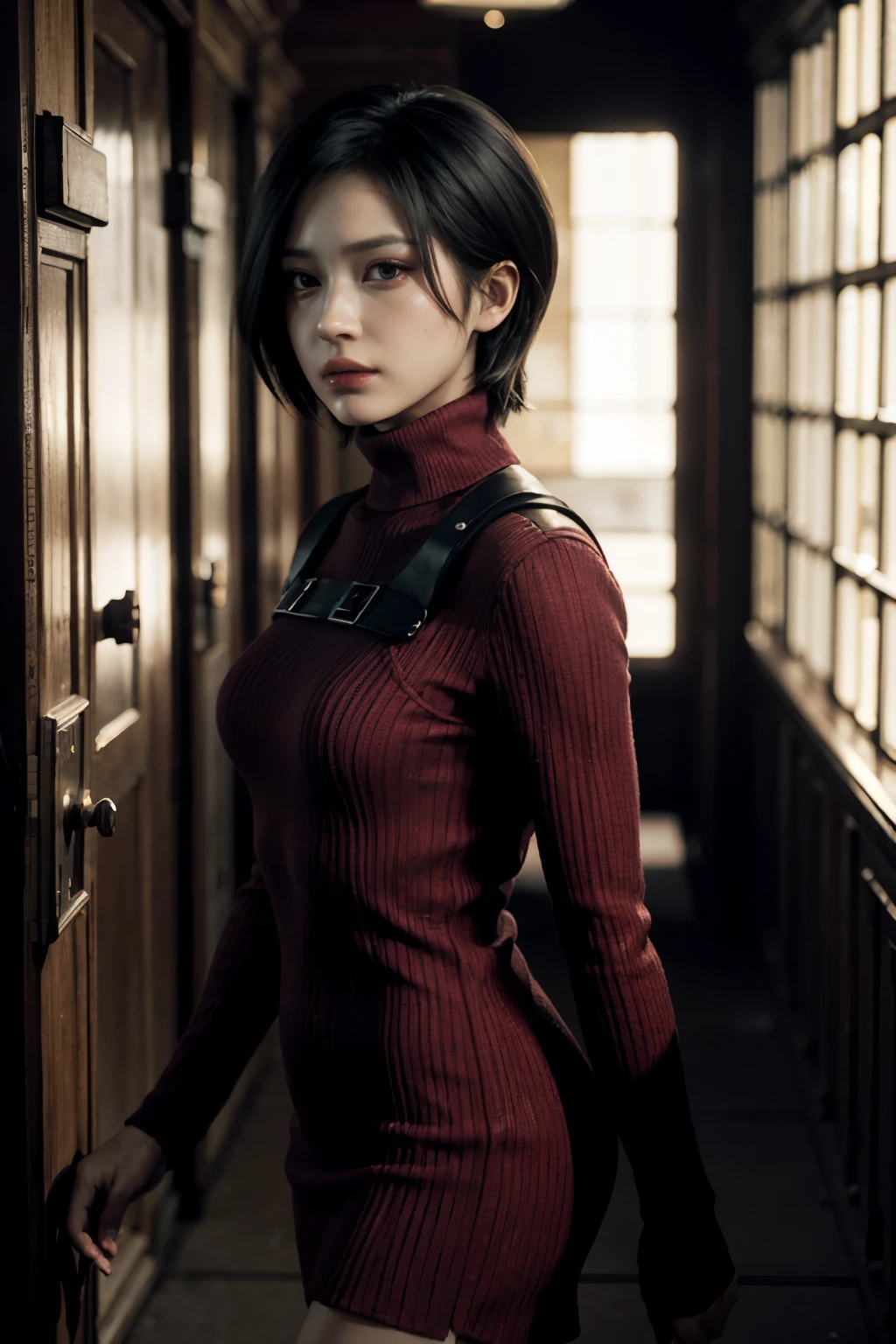 RE4Ada, short black hair, brown eyes, red turtleneck dress, long sleeves, looking at viewer, serious, walking, inside a dark hallway, jail cell, dim lighting, high quality, masterpiece,  