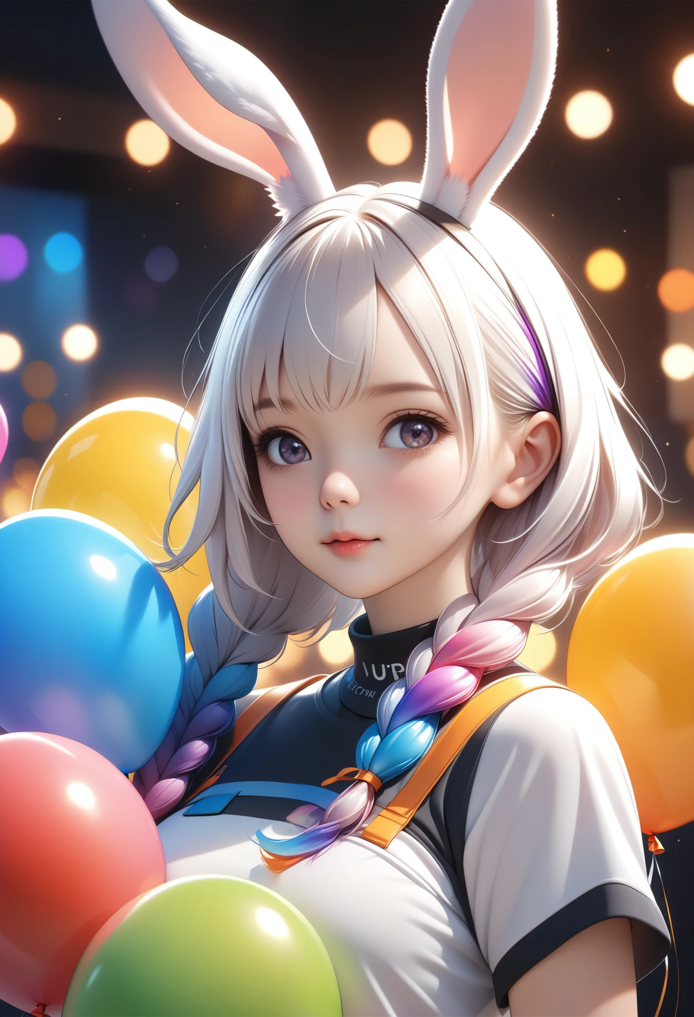 a cute girl with rabbit ears, holding colorful balloons, floating, vector art, vibrant colors, best quality, 4k, 8k, highres, masterpiece, ultra-detailed, realistic, photorealistic, HDR, UHD, studio lighting, ultra-fine painting, sharp focus, physically-based rendering, extreme detail description, professional, vivid colors, bokeh