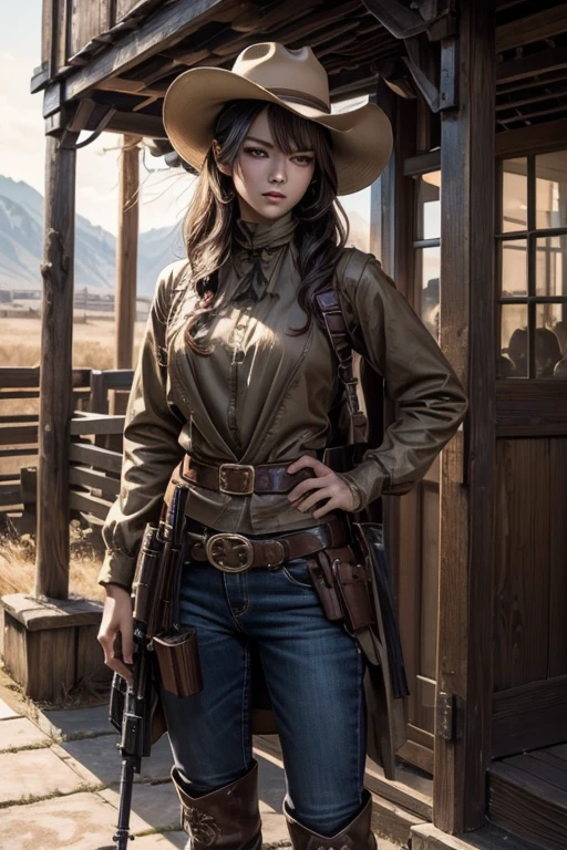 Female Gunman、Beautiful woman in American western costume、1 girl、((Delicate face、Detailed eyes and face、double eyelid))、Glossy lips、Dark brown updo、(Gunman Cosplay)、Ten-gallon hat、boots、Highly detailed costume、Gunman、gun、rifle、Shotgun、Mature sexy adult woman、Slim Waist、Sharp long legs、(8k,highest quality, masterpiece、Ultra-high resolution)、Full body portrait, High-definition skin texture、Western Scenery、Realistic、Official Art