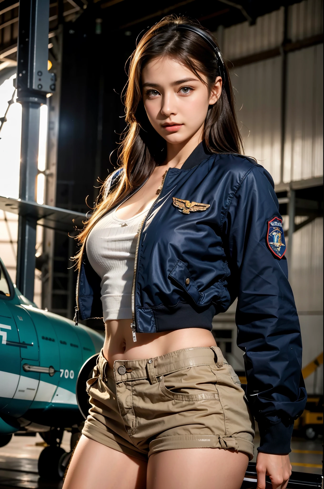 Best quality, ((insanely Realistic RAW photo)), professional photograph, intricate composition, an extremely delicate and beautiful, ultra high res, professional natural lighting and shading, ((Realistic image of a extremely pretty female Aircraft mechanic, solo)), Inside a spacious Aircraft hangar, Vintage airplanes of the World War II era line the background, (Wearing a MA-1 Flight Jacket), (Wearing a headset), (wearing short pants), faint smile, She does aircraft maintenance, very professional mechanic, ((extremely beautifully detailed eyes and face)), ((insanely beautiful natural skin texture)), (Accurate eyes), Accurate hands, Well-balanced overall body