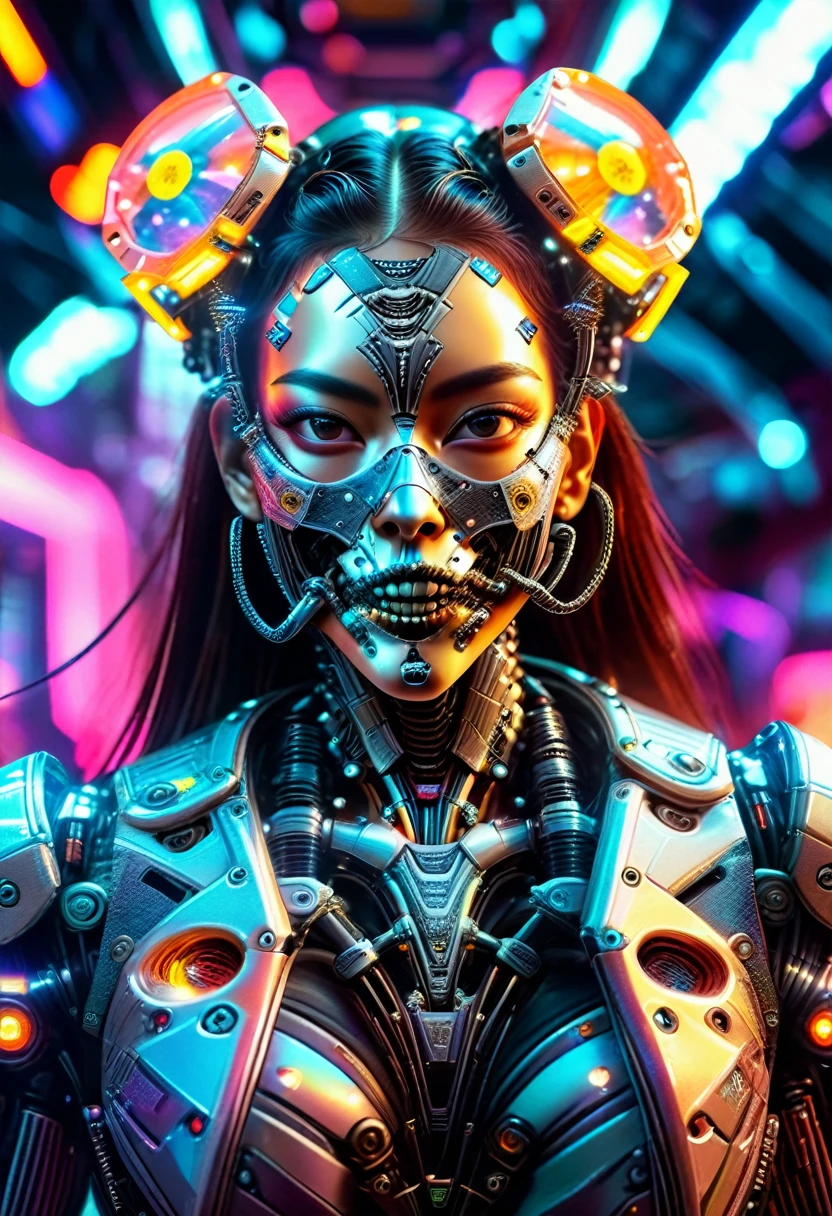 Una mujer con una máscara de exoesqueleto en una pasarela de moda., vibrante iluminación de neón, Modelo adolescente, intrincado diseño mecánico, estilo cyberpunk futurista de alta tecnología, pose dinámica, iluminación dramática, fondo distópico colorido, Texturas metálicas detalladas, aspecto mojado brillante, Híper realista, 8K, Fotorrealista, cinematográfico, obra maestra