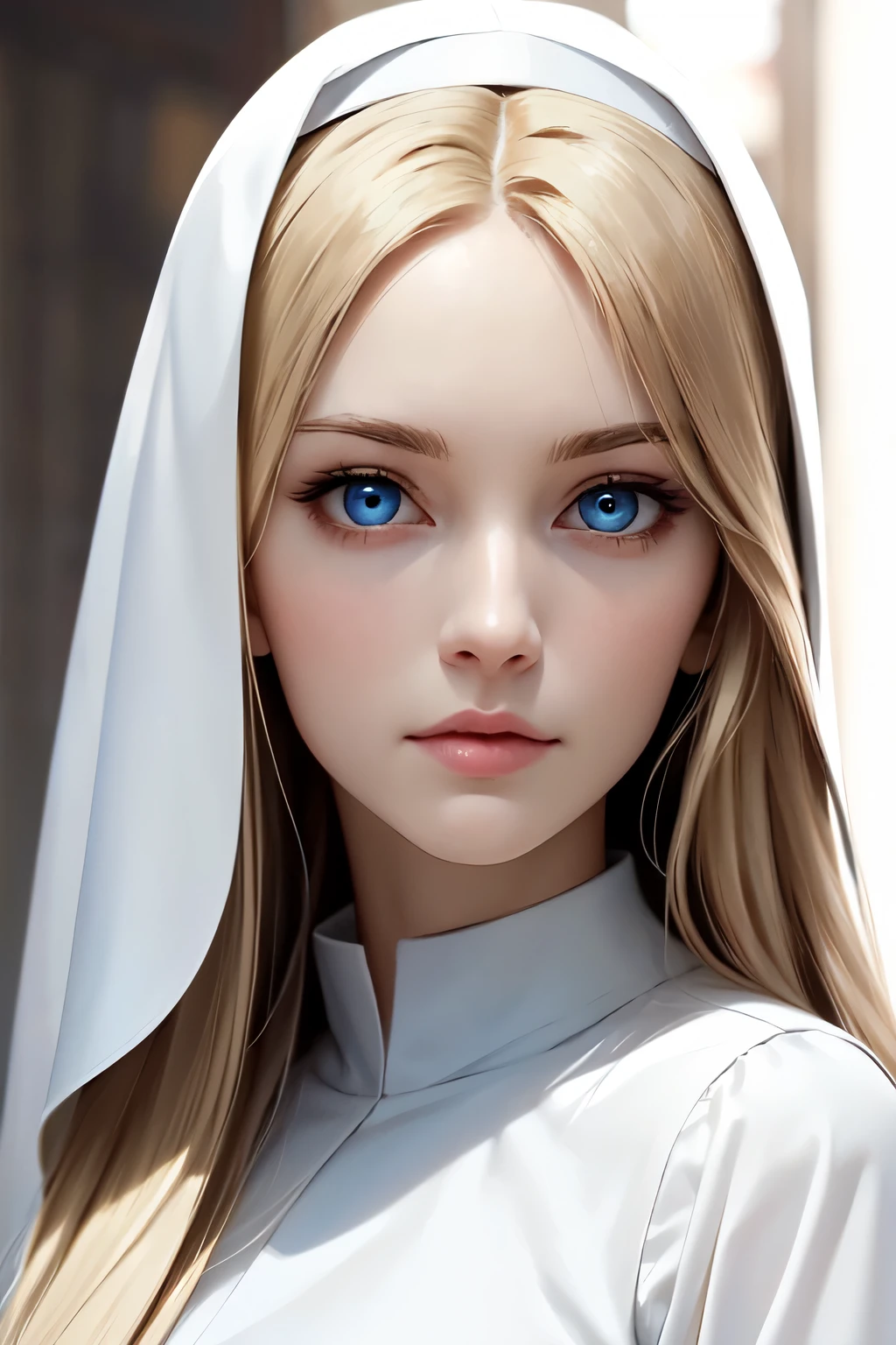 Pure blond straight hair, (long hair) (((straight hair))), Detailed hair, Blue Eyes, beautiful eyes, light on the face, pale skin, a 50 year old woman, nun, 