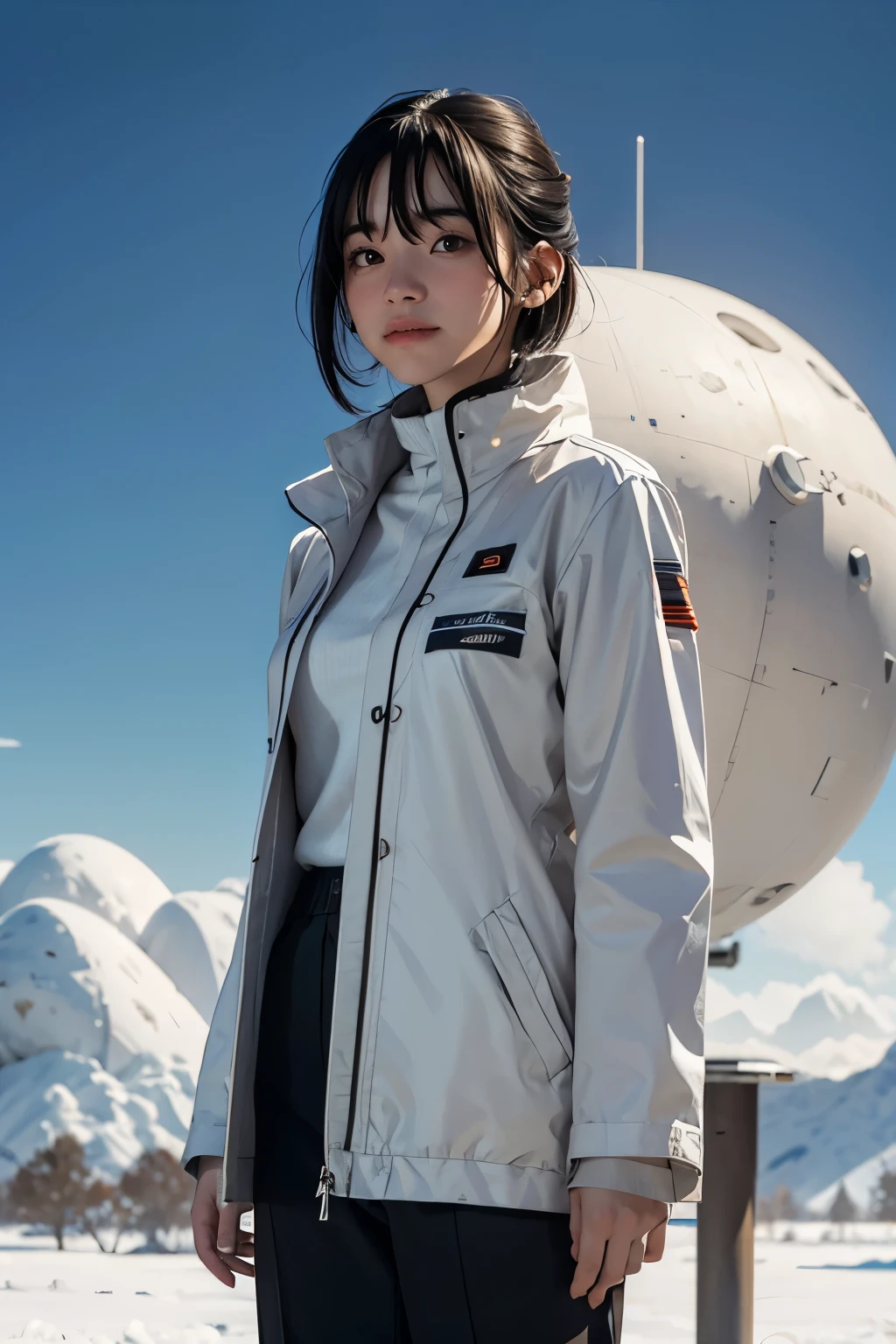 Ring World,science fiction,Sci-fi movies,cannon,long range missile,Based on the movie Foundation ,woman,adult,protagonist,28 years old,A hopeful expression,brown eyes,short hairstyle,Black hair with gray and white,Scientist uniform,white researcher coat,open grass field,rebel,chaotic,future world,world of socialism,snow,ความchaotic