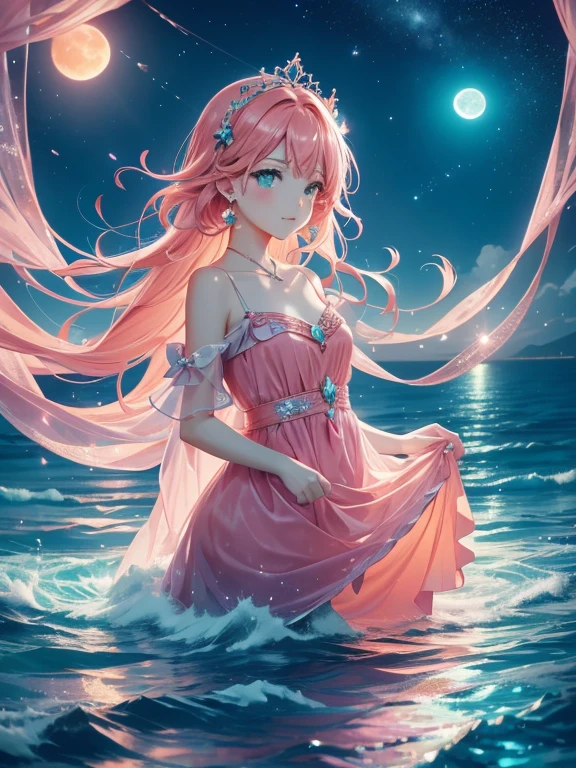 Orange moon,night time teal sky, soft pink clouds, teal ocean waves sparkling, sparkling, pink roses on pink ocean, fantasy, diamond, crown, universe, soft lights,just scene