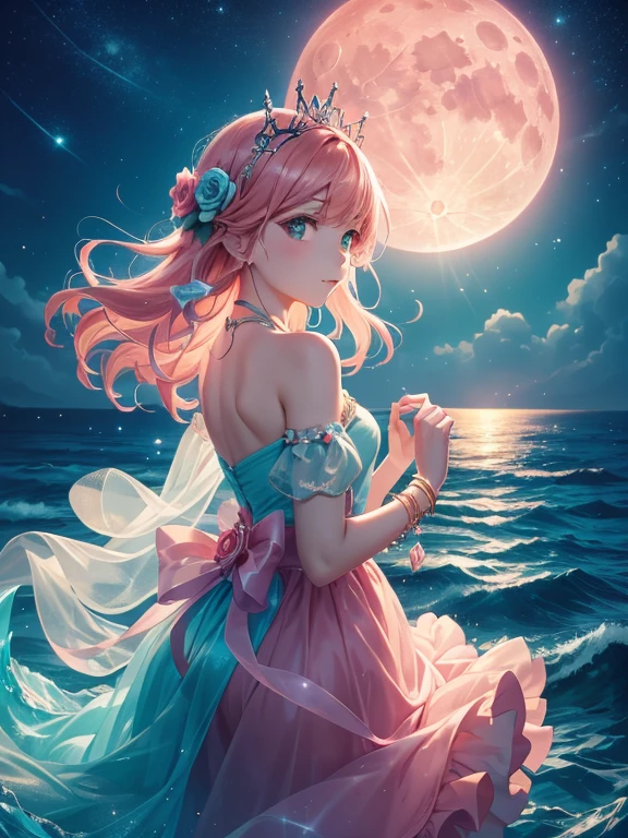 Orange moon,night time teal sky, soft pink clouds, teal ocean waves sparkling, sparkling, pink roses on pink ocean, fantasy, diamond, crown, universe, soft lights,just scene