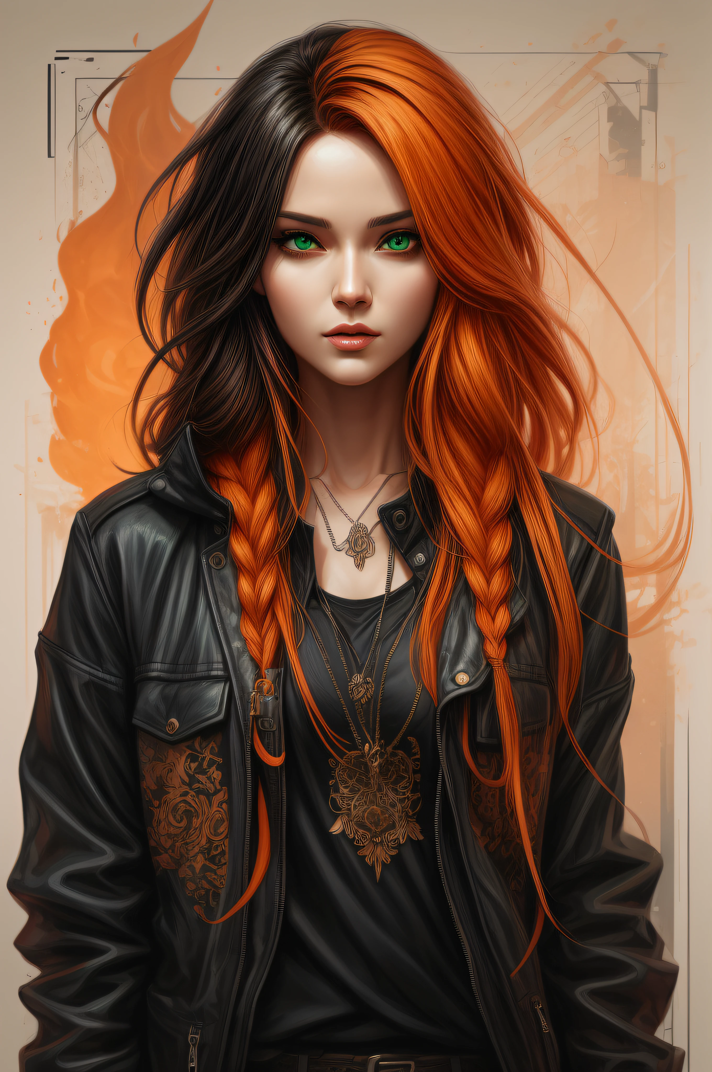 Hay una mujer con cabello naranja y una chaqueta negra, ojos verdes, impresionante ilustración digital, estilo artístico realista, obra de arte estilizada de fantasía urbana, tonos naranja y negro, hermosa ilustración digital, obra de arte al estilo de guweiz, estilo artístico realismo, retrato detallado del personaje, deviantart estación de arte cgscosiety, retrato de la sociedad cg, Piel de naranja y pelo largo y ardiente., preciosa pintura digital