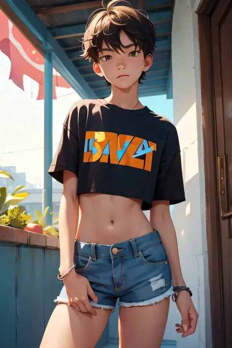 Teen boy 14 years old, boy wears a crop shirt and too very short mini shorts, beautiful legs, hot summer, highest quality,