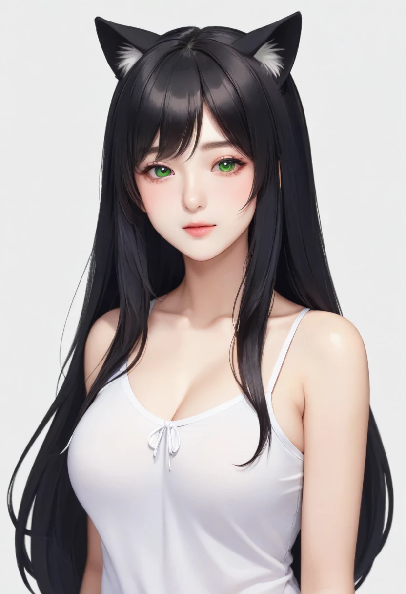 One girl, animal_ear_Fluff, animal_ears, 前hair, just_shoulder, black_hair, blush, chest, cin_ears, Closed_mouth, Eyebrow_appear_Through_hair, green_eye, gray_background, hair_between_eye, Khalil_(Princess_Connecting!), length_hair, Looking_in_Audience, Moderate_chest, Multicolor_hair, shirt, Simple_background, No sleeve, No sleeve_shirt, 一人in, upper_body, white_background, white_shirt, 