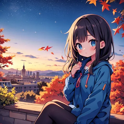 Girl sitting on a hill watching sunset in the city. autumn, autumnの色彩, Tree Leaves, Starry Sky, Sky color Prussian blue Cobalt b...