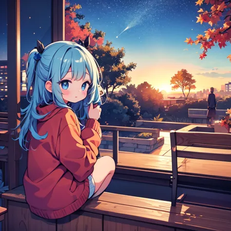 Girl sitting on a hill watching sunset in the city. autumn, autumnの色彩, Tree Leaves, Starry Sky, Sky color Prussian blue Cobalt b...