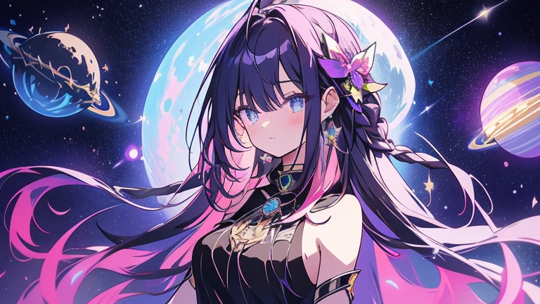 Starfield, nightsky, moons, alien planets, floating in space, sunsystem, solar system, asteroid belt, aurora, nebula, galaxy, 1girl, beautiful alien princess, long hair, glittering pink purple streaked hair, celtic braid, medium breasts, glittering eyes, black blue heterochromia eyes, royal embroidered gown, bridal veil, futuristic,