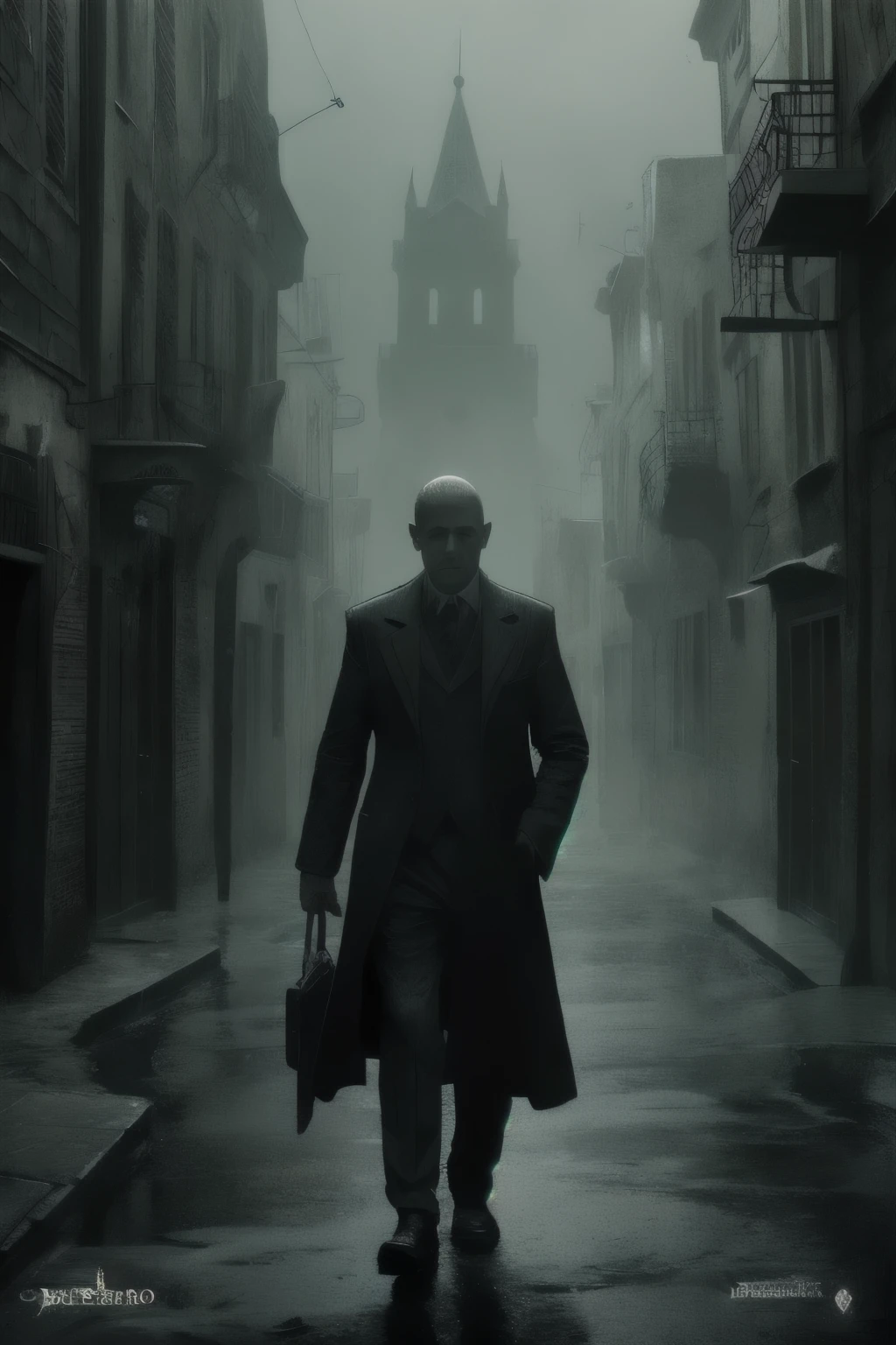 O Assombroso Devaneio de Innsmouth: View a hauntingly atmospheric scene inspired by H.P. Lovecraft&#39;s story, "A sombra sobre Innsmouth." Nesta obra de arte digital, portray the mysterious town of Innsmouth shrouded in oppressive darkness. Dilapidated, weathered buildings line the cobblestone streets, its windows reflecting a silence, brilho sinistro. The moon peers through thick cloud cover, casting a pale, luz espectral que mal ilumina as fachadas deterioradas. A sense of foreboding permeates the air, as if the city itself harbored a secret, segredo antigo. The overall composition should evoke a feeling of discomfort, drawing viewers into the unsettling embrace of Innsmouth&#39;s dark embrace.