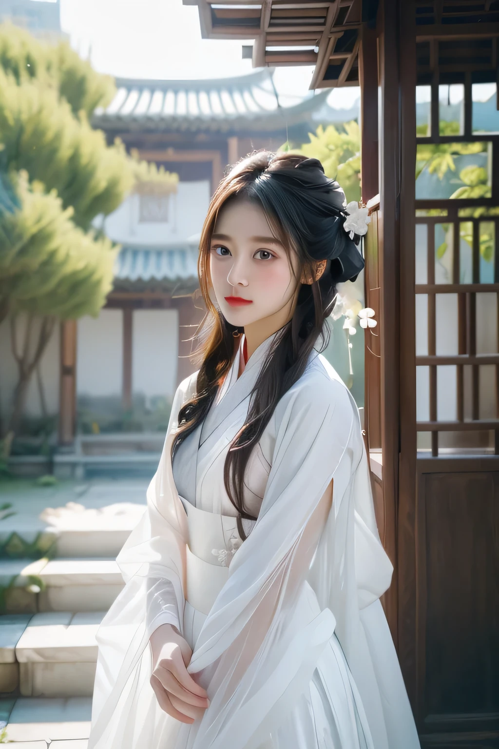 (Masterpiece), (best quality), raw photos, girl, Hanfu, white Hanfu, simple Hanfu, stand, white flower background, stairs, outdoor