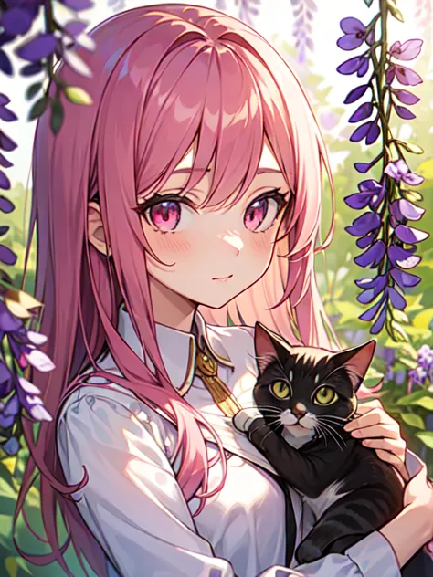 1 girl, one, cute girl with pink hair, pink eyes, wisteria flower background, soft natural light, cat&#39;s ears, white sleevele...