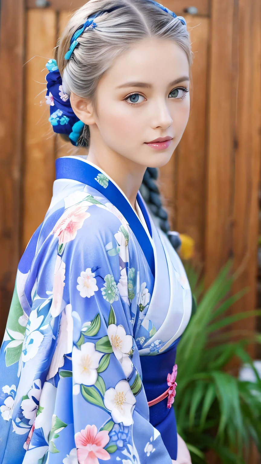 그녀는 기모노 모델이다、화려한 꽃무늬 기모노、은빛 머리 땋은 머리、파란 눈、