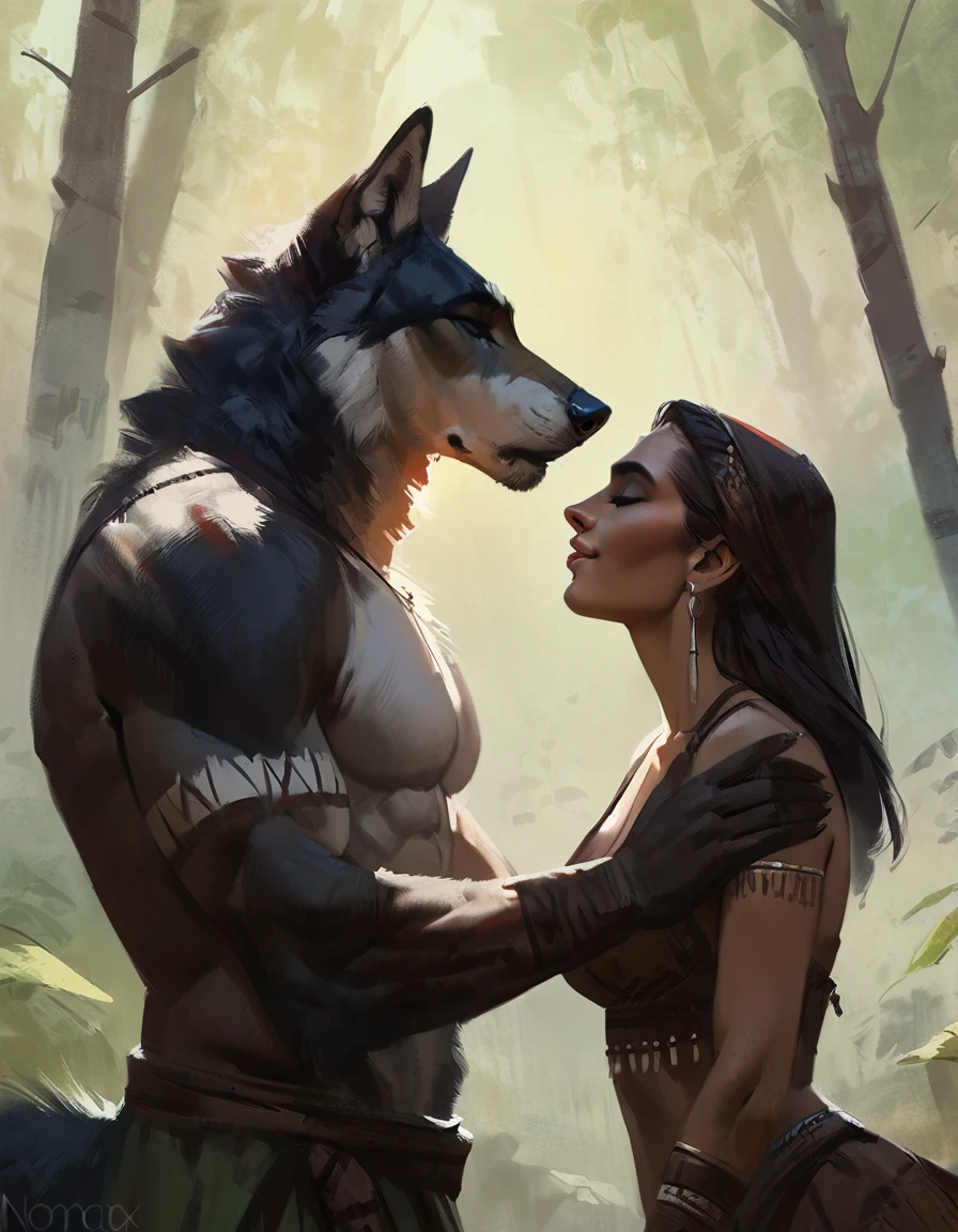 anthro male wolf and beautiful female human, by nomax, concept art, standing, muscular male, side view, newest, hugging, forest background, kissing, tribal outfit, (2023:1), (best_quality:1), (high_quality:1), (absurd_res:1), (hi_res:1), (detailed:1),