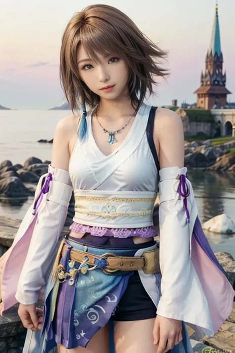 (masterpiece, highest quality:1.3)
yuna ff10,  one girl, alone, view viewer, smile, short hair, blue eyes, skirt, brown hair, ha...