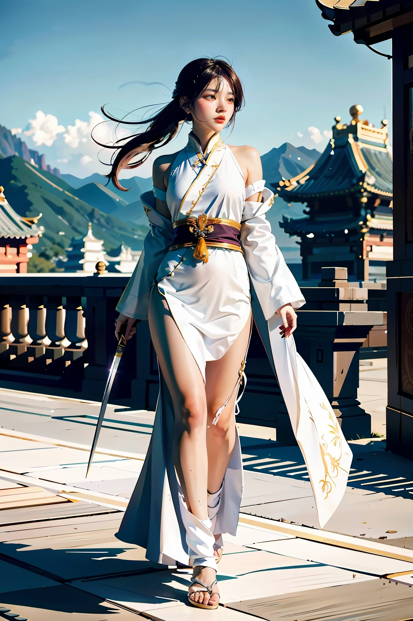 eine Nahaufnahme einer Frau mit einem Schwert in einem weißen Kleid, ein Charakterporträt von Yang J, Trends bei cgsociety, Fantasy-Kunst, schöne Charaktermalerei, artwork in the style of guweiz, guweiz, weißer Hanfu, fließende weiße Gewänder, Ganzkörper-Wuxia, epische exquisite Charakterkunst, atemberaubende Charakterkunst, schöne Mörderin