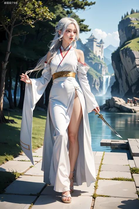 a close up of a woman with a sword in a white dress, a character portrait by Yang J, trending on cgsociety, fantasy art, beautif...