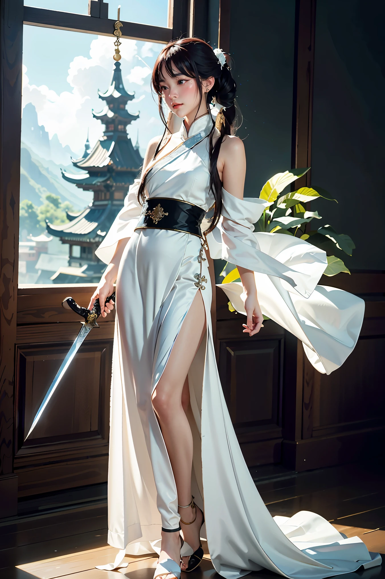 a close up of a woman with a sword in a white dress, a character portrait by Yang J, trending on cgsociety, fantasy art, beautiful character painting, artwork in the style of guweiz, guweiz, white hanfu, flowing white robes, full body wuxia, epic exquisite character art, stunning character art, beautiful female assassin