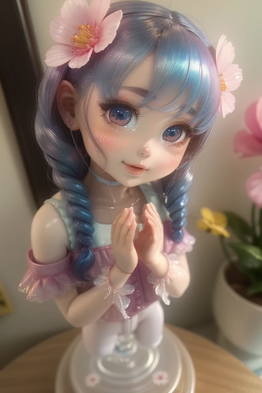 Photorealistic、Doll standing in front of the painting（nendoroid）、Laughter、Water drops on cheeks、In a cute pose、水彩nendoroid、(High Resolution Figure)、Flowing iridescent silk、Close-up of face、Look up、Heart patterned contact lenses、Two hands holding a heart decorated with flowers、There are also flowers in front of the nendoroids、petal、season!!: buzzer☀ 🍂