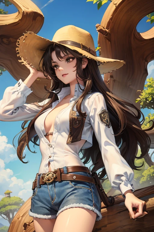 Dominant cowgirl, cowboy hat style, full lips, long brown wavy hair, deep brown eyes, 70s, penetrating gaze, tan skin, cocky smile, masculine woman, tomboy 