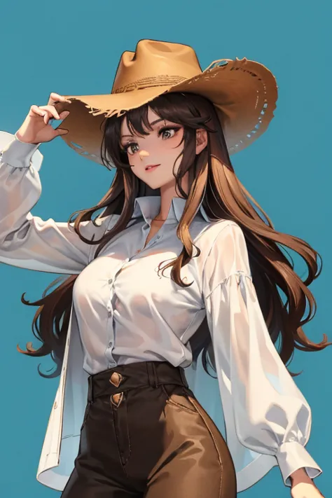 Dominant cowgirl, cowboy hat style, full lips, long brown wavy hair, deep brown eyes, 70s, penetrating gaze, tan skin, cocky smi...