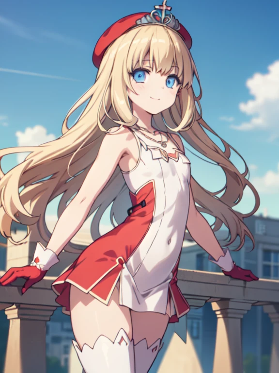 (1girl, solo), latifa fleuranza, blonde hair, drill hair, (blue eyes:1.5), long hair, very long hair, (small breast:1.2), (tiara, dress, gloves, hat, red gloves, sleeveless, sleeveless dress, thigh boots, dress, gloves, hat, red gloves, sleeveless, sleeveless dress, thigh boots, thigh highs, necklace,) looking at viewer, smile, blush, from behind, day, outdoors, sky, cloud, (masterpiece:1.2), best quality, high resolution, unity 8k wallpaper, (illustration:1.5), anime style, (beautiful detailed eyes:1.6), extremely detailed face, perfect lighting, extremely detailed CG, (perfect hands, perfect anatomy), (dynamic pose, dynamic angle:1.1),