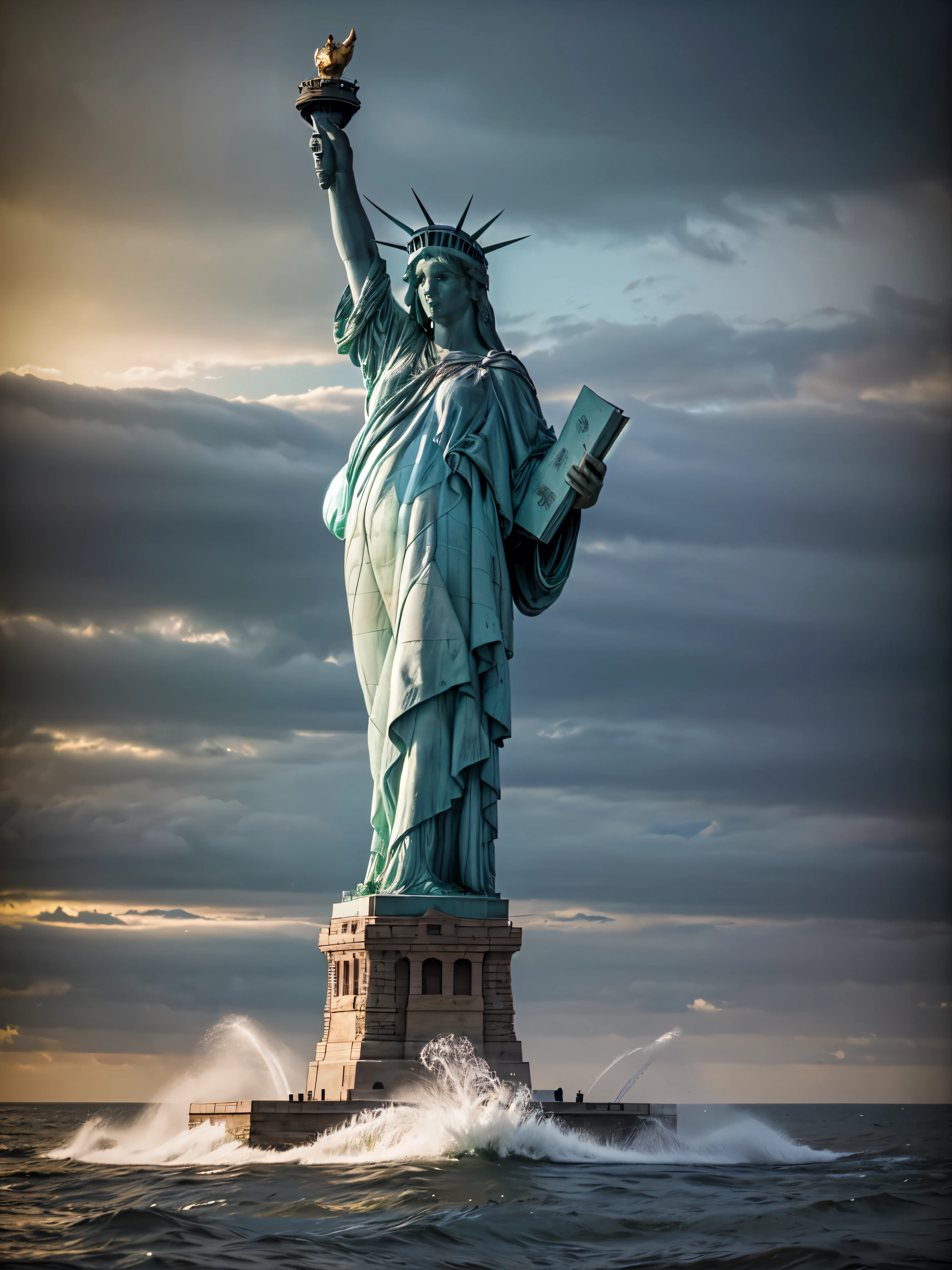 (lady-liberty), The Liberty Statue in pieces outdoor in the sea. The statue has fallen and lies in pieces. The head emerges from water, the arm emerges from sea-water. The statue is surrounded by mist, evoking a mysterious and eerie atmosphere. The lighting is dark and atmospheric, with a red smoke adding a touch of sinister ambiance. The image is of the best quality, with a resolution of 4k and HDR enhancement, showcasing the utmost level of detail and realism. analog photography, high quality textures. Clear blue cloudy sky. photorealistic shot, water effects, ripple effects, (flower effects: 0.65), light effects