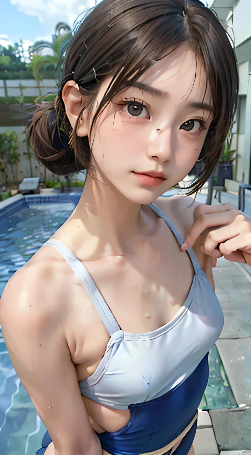 highest quality, RAW Photos, Realistic, face, Incredibly beautiful girl, cute, length Hair,ponytail，Glasses，Written boundary depth, High resolution, Super detailed, detailed, Very detaileded, extremely detaileded eye and face, Sharp pupils, Realistic students, Sharp focus, Cinema Lighting, Japanese, Short Woman,  Physical build, Short arms, length, Narrow eyes, Fleeting atmosphere, 30 years old, Brown bob hair, ((thin lips)), White top and bottom underwear, masterpiece, highest quality, Detailed skin, Detailed face, fine grain, 8k, Excellent anatomy, Upper body portrait，flat breasts, small breasts, small,( small bust: 1.2), small bust, (slim, small, flat, small), thin, Delicate and sexy collarbone, One Girl, (beautiful girl, Delicate girl:1.3), (15 years old:1.3),
break, (One Piece Swimwear, Swimwear:1.2),
break, (Pool:1.3),
break, Very beautiful eyes, (Symmetrical eyes:1.3),
break, , Brown eyes, Parted bangs, Brown Hair, (Upper teeth, The best smile:0.2),
break, (Eyes and face detail:1.0),
break, (masterpiece, highest quality, Super detailed, Detailed face, 8k)