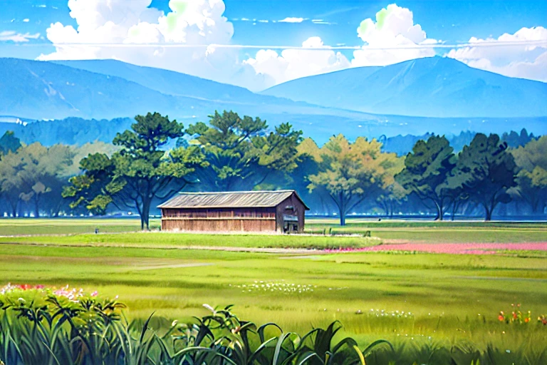 (((最gute Qualität))), Manga-Stil, NEIN_heim, Faraway heim, Wolke, Wolkey_null, Ghibli, Gras ist überwuchert, NEIN_menschlich,  Fluss, Ländliche Landschaft, null, Holz, Realistisch, schön、Amazing scenery oil painting 小麦畑 in Ghibli Studio Miyazaki with blue null and white Wolkes、Blumenfeld, RAW-Fotos im Querformat、ausführlich、fotorealistisch、Ultrarealistische Fotos、8K Ultra HD、Digital SLR、sanfte Beleuchtung、gute Qualität、Filmkorn、Fujifilm XT3、(Meisterwerk) --v6