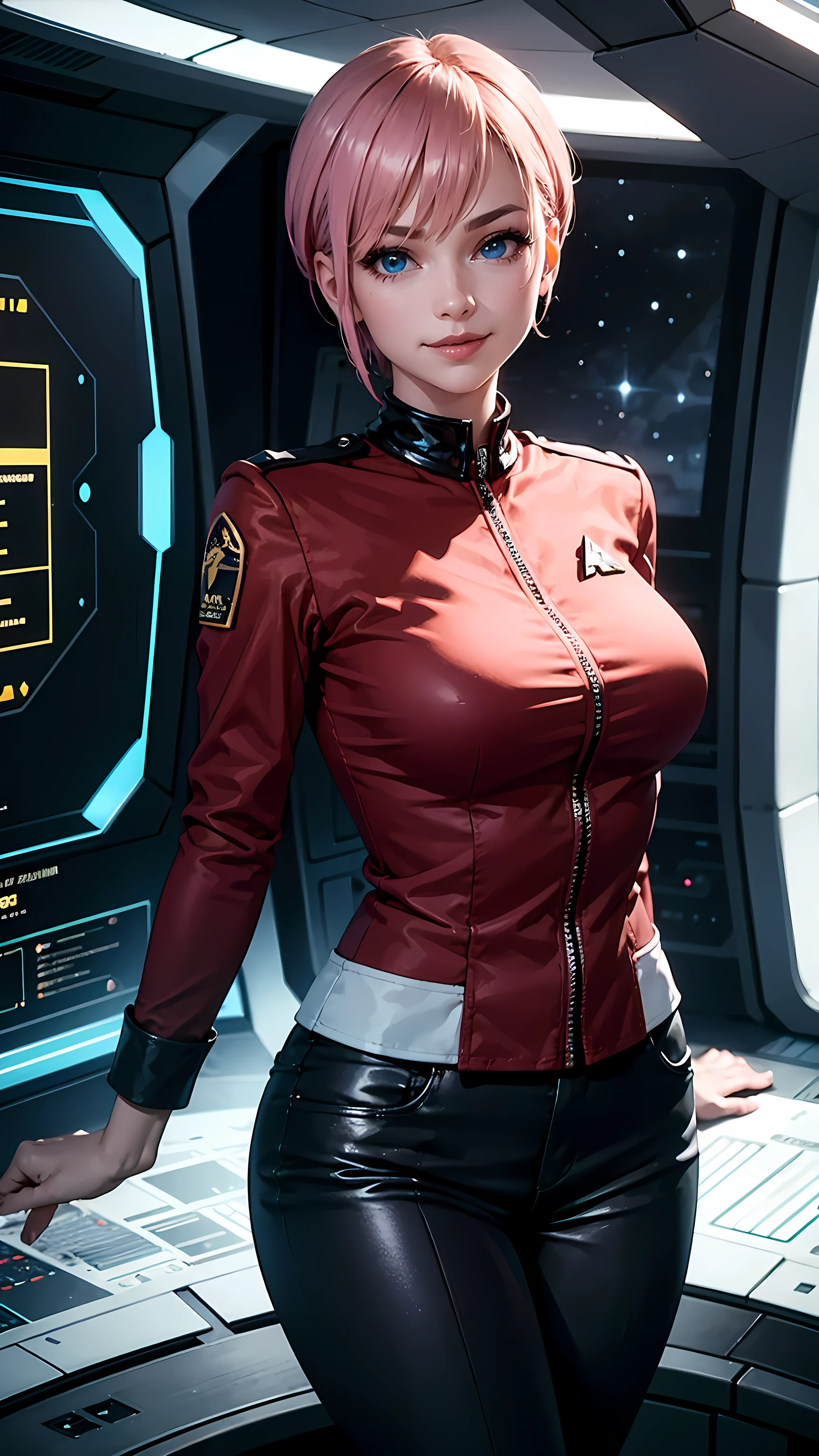 Beautiful short hair woman is shown to have a sexy figure, She is wearing classic star trek red uniform, red shirt, black pants, jewelry, she has blue eyes, smile tease look, Girl standing on a command bridge of a starship, poseing, portrait, superior quality, many details, realistic