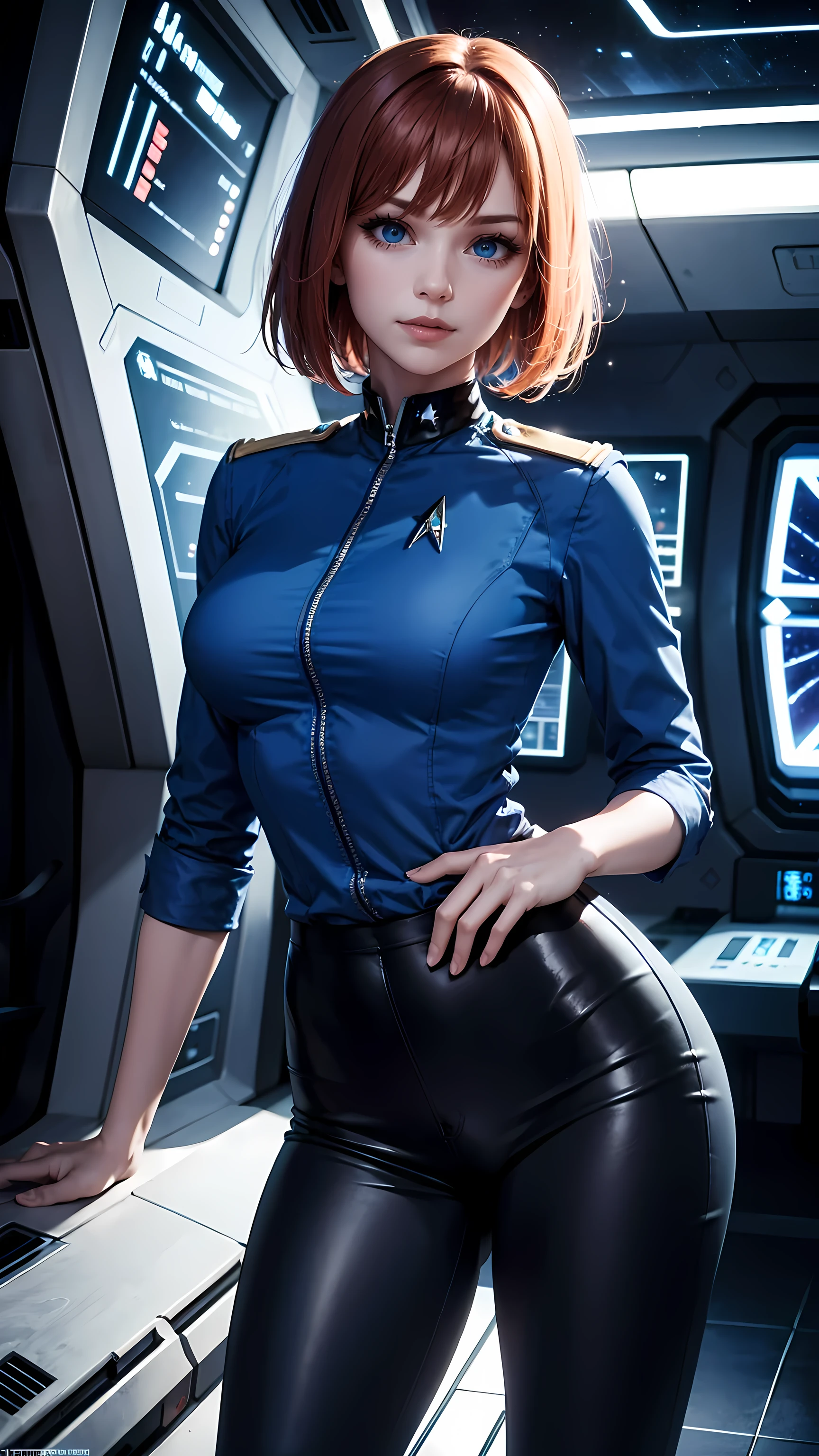 Linda mulher de cabelo curto mostra ter uma figura sexy, Ela está vestindo um uniforme azul clássico de Star Trek, camisa azul, calças pretas, joia, Ela tem olhos azuis, sorriso, provocação, olhar, Menina em pé em uma ponte de comando de uma nave estelar, posando, Retrato, Qualidade superior, muitos detalhes, realista