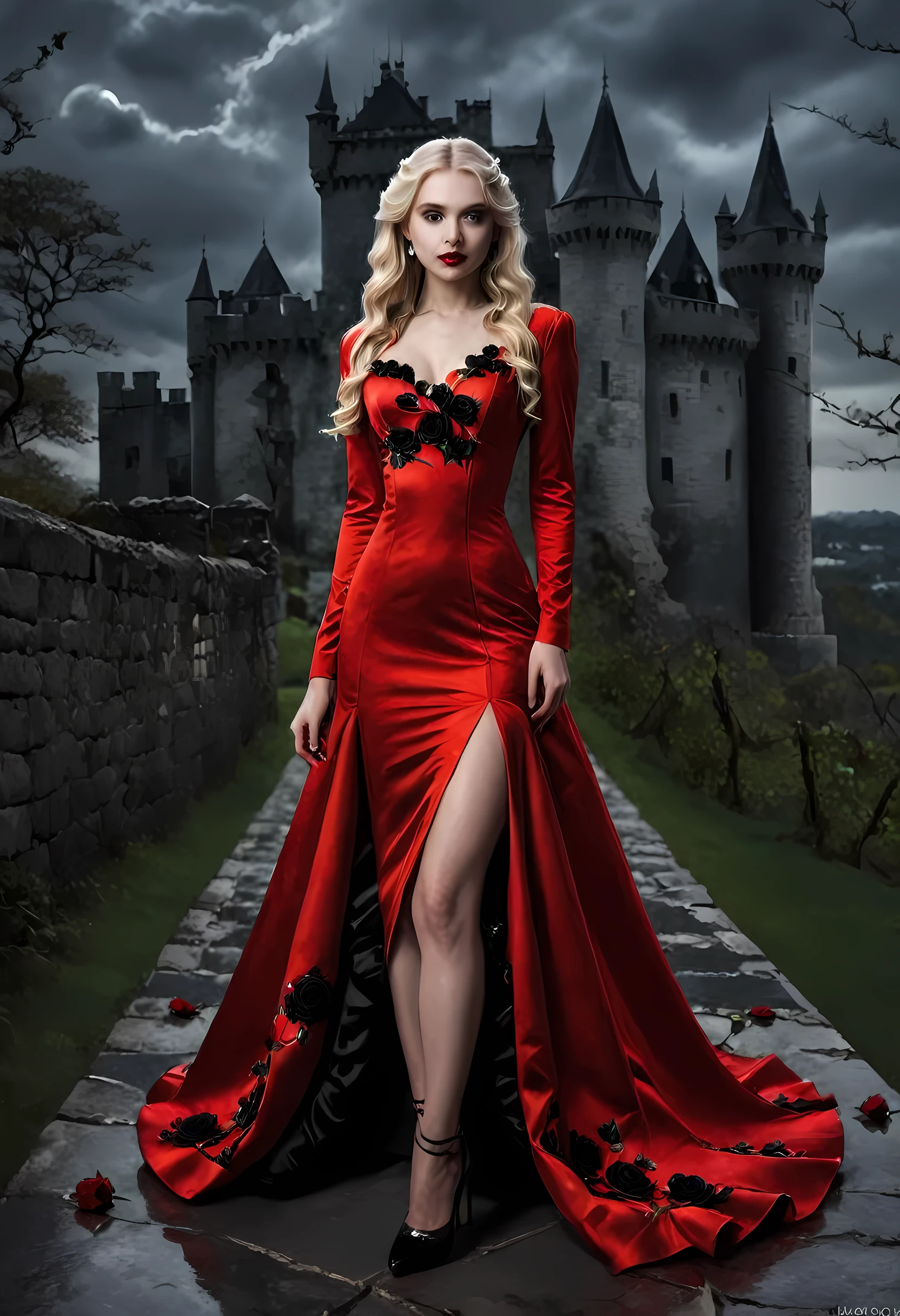 Dark art fantastique, art fantastique, art gothique, une photo d&#39;une femme vampire, beauté exquise, Prise de vue complète du corps, sombre glamour shot, peau blanche pâle, cheveux blonds, cheveux longs, cheveux ondulés, (gris brillant: 1.3) yeux, elle porte un (rouge: 1.3) rouge dress, ArmorougeDress, les roses sont imprimées sur la robe (noir: 1.4) noir roses, Talons hauts, sombre castle, sombre, noir and color, Style de peinture d’art sombre, robe à fleurs