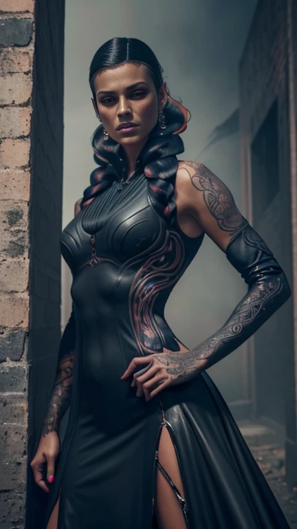 4k realistic ultra detailed photography of an athletic demonic woman, demonic woman wearing a maxi leather dress, hairstyle is a crazy braided hairstyle, demonic woman in a menacing moving standing model pose, photo background is a wall of smoke with black roses coming out of it, mood of the photography is gloomy, big lots of fiery tattoos