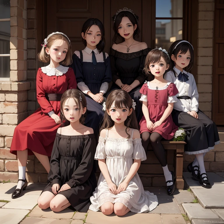 (masterpiece, highest quality), Five Girls，(Children&#39;s white printed pants), woman, I&#39;m 11 years old，Thick eyebrows，Baby Face，Round face，Big round eyes，Braiding, Short Pigtails, Dull bangs，Black Hair，Glasses，Brown eyes，Very short stature，Very flat chest，Very thin limbs，Red ribbon,Straight hair, bangs，squat，Spread your legs，Cute Crack，sneakers，Pissing on Diapers，Spring park playground equipment background，smile，fun, Bright colors, watercolor，Accurate and detailed woman&#39;s fingers，Diapers，Diapers swollen with urine，Jojo Fashion，