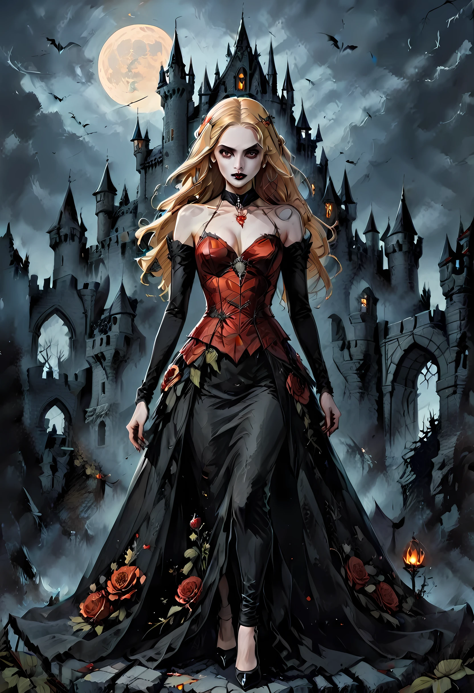 Dark fantasy art, fantasy art, goth art,  a picture of a female vampire, exquisite beauty, full body shot, dark glamour shot,  pale white skin, blond hair, long hair, wavy hair, (glowing grey: 1.3) eyes,  she  wears a (red: 1.3) red dress, ArmoredDress, the roses are imprinted on the dress (black: 1.4)  black roses, high heels, dark castle, dark, black and color, Dark Art Painting Style, flower dress