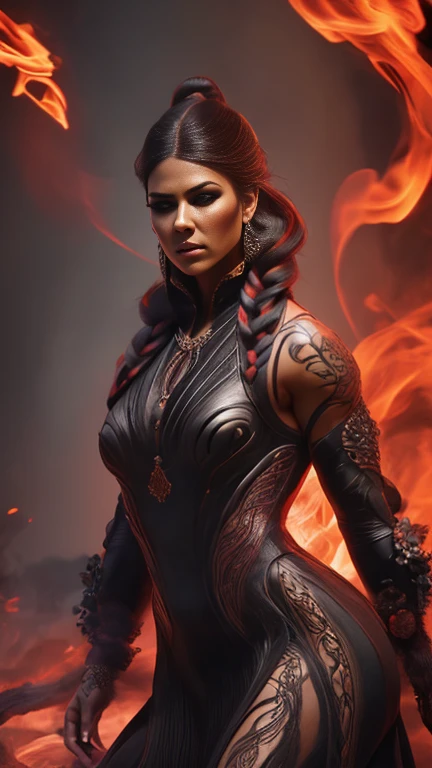 4k realistic ultra detailed photography of an athletic demonic woman, demonic woman wearing a maxi leather dress, hairstyle is a crazy braided hairstyle, demonic woman in a menacing moving standing model pose, photo background is a wall of smoke with black roses coming out of it, mood of the photography is gloomy, big lots of fiery tattoos