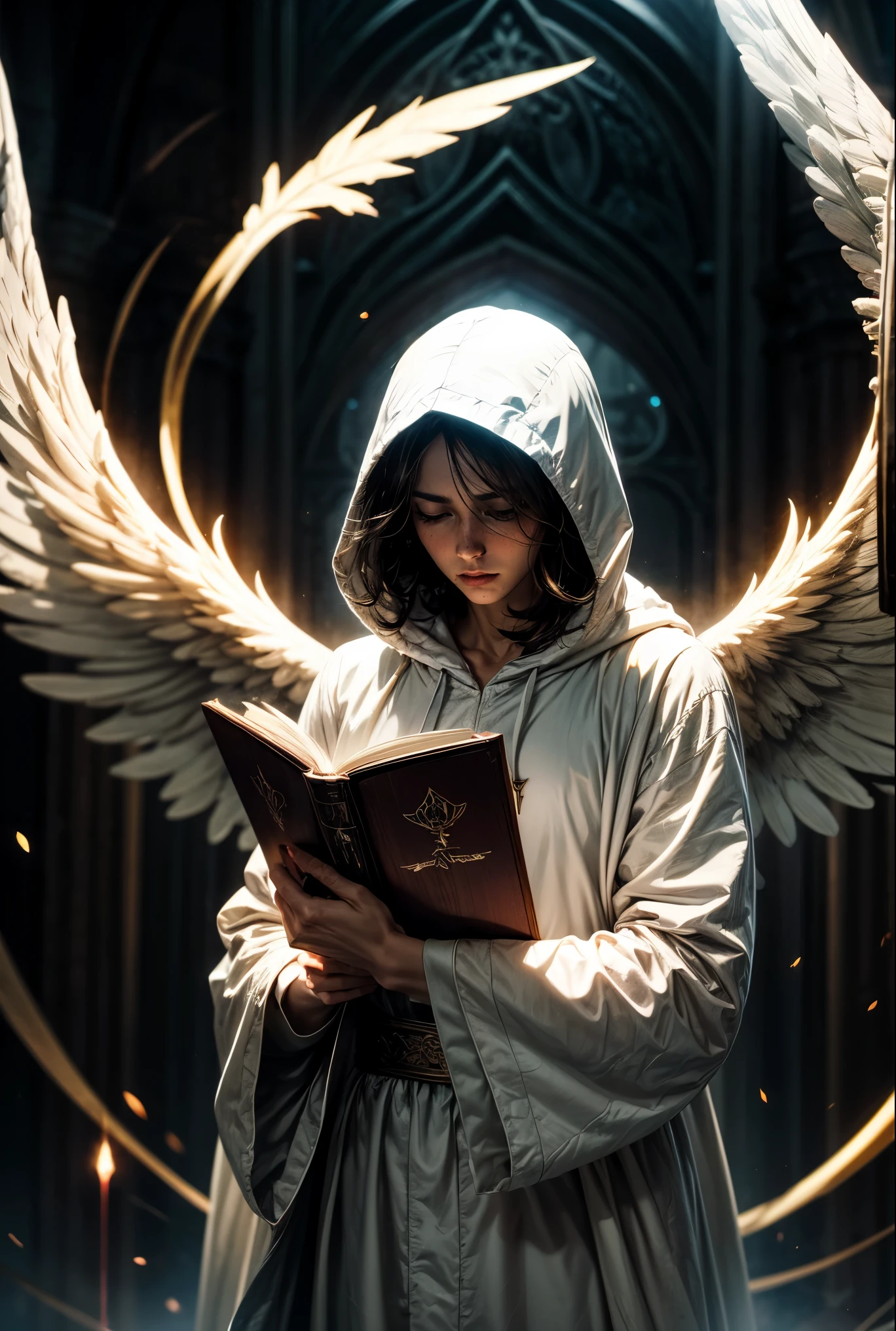 Misterioso, anjo encapuzado, arcanjo de batalha, vestes brancas de anjo, luz de azevinho, segurando um livro, energia