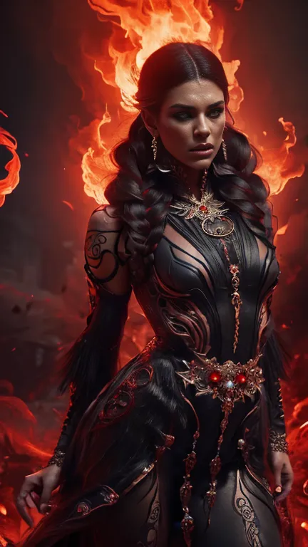 4k realistic ultra detailed photography of an athletic demonic woman, demonic woman wearing a maxi leather dress, hairstyle is a...