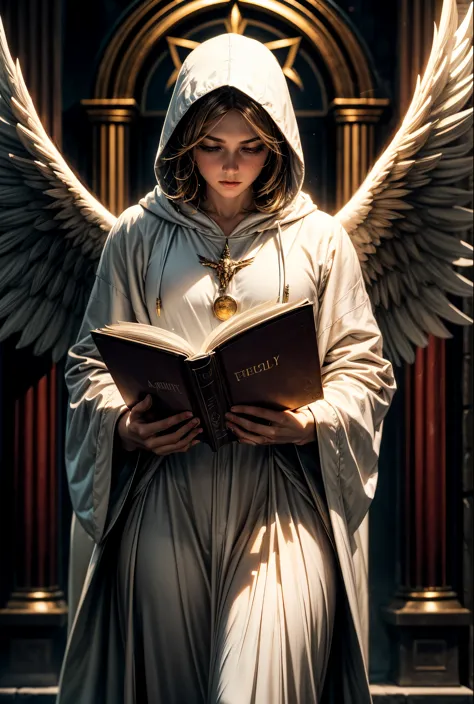 mysterious, hooded angel, battle archangel, angel white robes, holly light, holding a book, energy