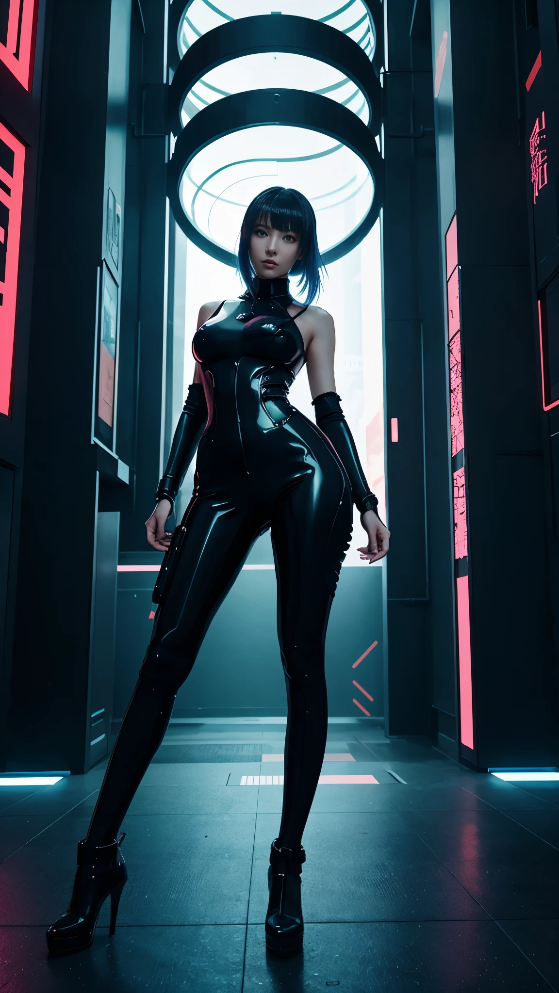 A captivating visual presentation of a futuristic cyberpunk anime girl adorns the image。The girl、Accentuates a slender yet curvaceous figure、Accentuate your hourglass figure、She&#39;s decked out in sleek, metallic, futuristic clothing.。Wearing cute cat ears and modern headphones、Reflects a futuristic character and cyber-influenced lifestyle。 The sharp eyes that sparkle beneath the cat ears、Her expression is dreamy yet determined.。Cat-like slit pupils、Digitally inspired vibrant blue eye background、It adds more intensity to her gaze.。Her Cybernetic