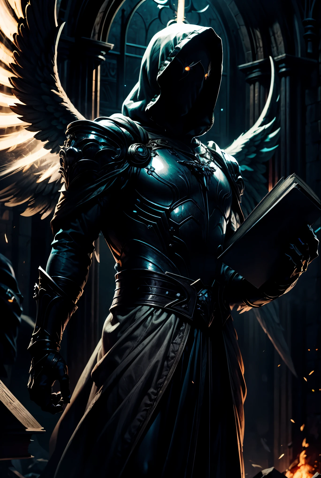 male, (((mysterious))), glowing eyes, hooded angel, (((holding a book))), battle archangel, angel white robes, holly light, energy, fire sword, 