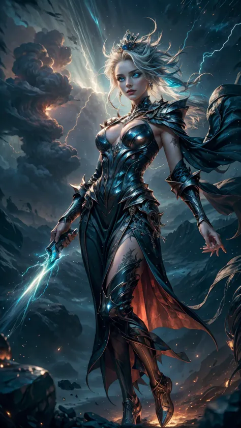 High view, high angle of camera, A beautiful and sexy goddess of storm, hyperrealistic. flying through a dark lightning storm, s...