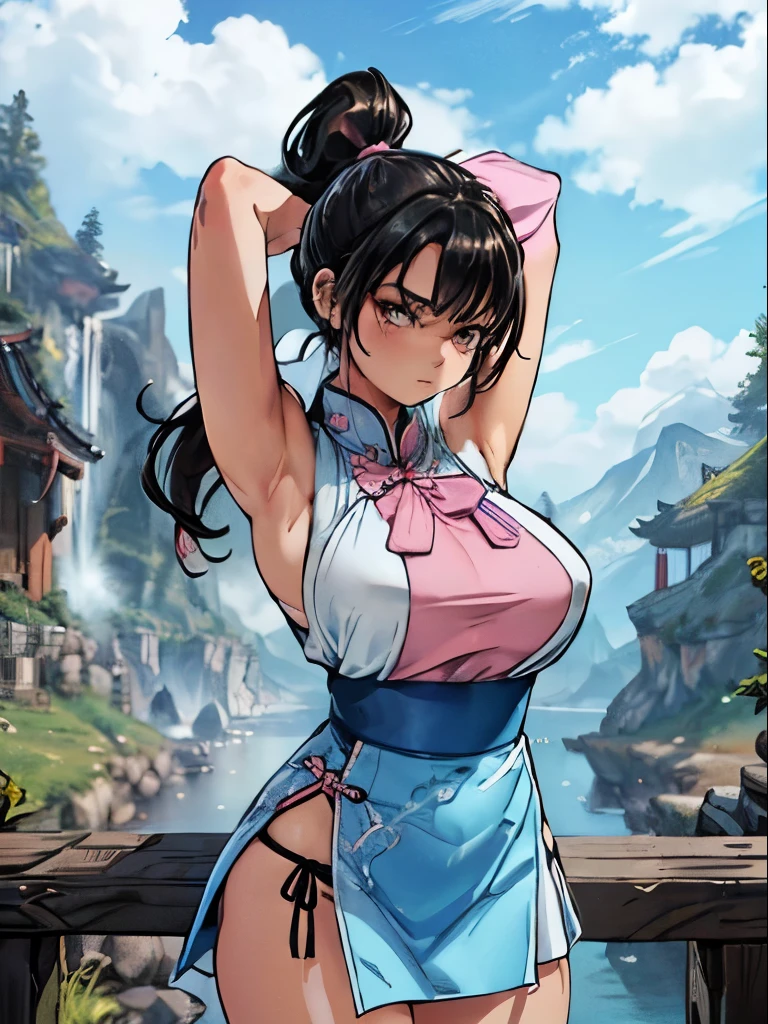 Busty woman, ponytail , blue ribbon, brown eyes, long hair, black hair,
Standing in a kung fu pose, alone , Upper body,
hip, 
cowboy shot, 
Light pink Chinese dress, Pink obi, super mini skirt, sleeveless, white panties、
blue sky, cloudy, evening,
(very detailed, beautiful and detailed face, masterpiece, highest quality 