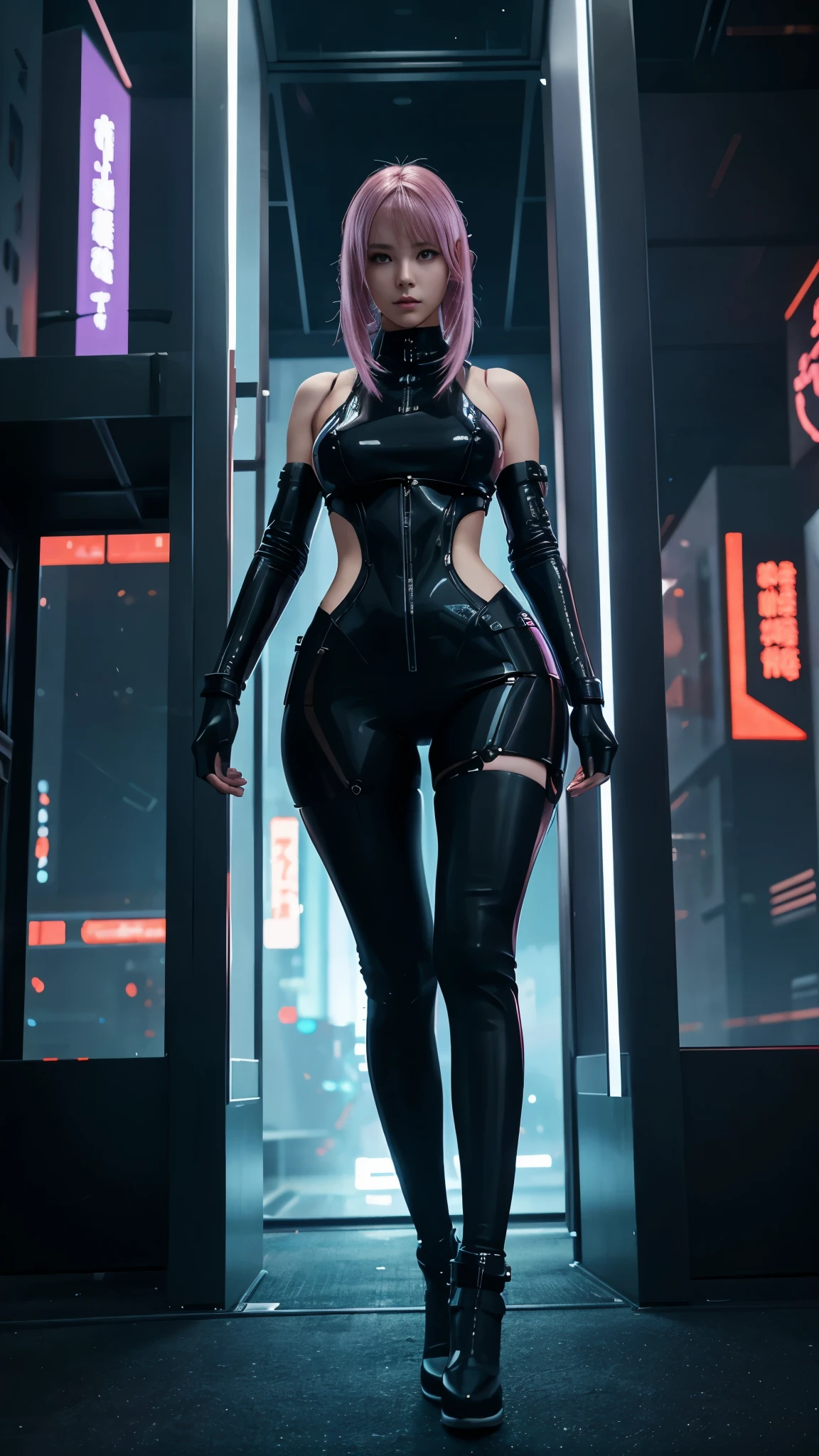 Una cautivadora presentación visual de una chica futurista de anime cyberpunk adorna la imagen.。la mujer、Acentúa una figura esbelta pero curvilínea.、Acentúa tu figura de curvas、Ella&#39;Está ataviado con elegantes, metálico, ropa futurista.。Usando lindas orejas de gato y audífonos modernos、Refleja un carácter futurista y un estilo de vida influenciado cibernéticamente.。 Los ojos agudos que brillan bajo las orejas de gato.、Su expresión es soñadora pero decidida..。Pupilas en forma de gato、Fondo de ojos azules vibrantes de inspiración digital、Añade más intensidad a su mirada..。Su cibernético