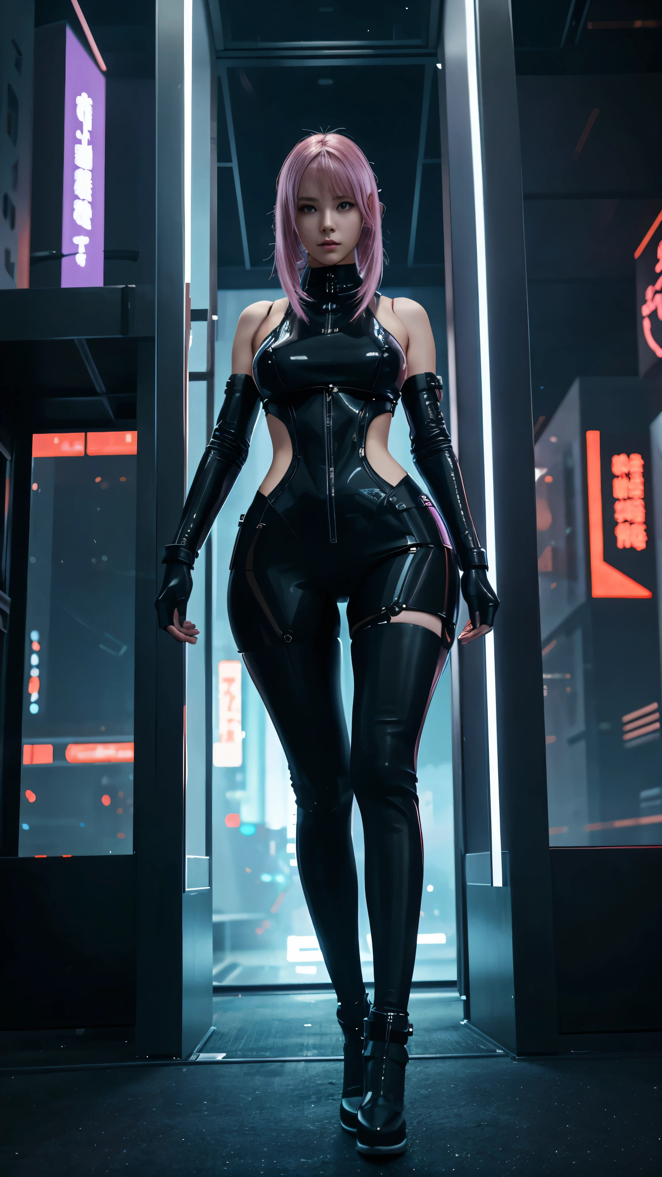 A captivating visual presentation of a futuristic cyberpunk anime girl adorns the image。The girl、Accentuates a slender yet curvaceous figure、Accentuate your hourglass figure、She&#39;s decked out in sleek, metallic, futuristic clothing.。Wearing cute cat ears and modern headphones、Reflects a futuristic character and cyber-influenced lifestyle。 The sharp eyes that sparkle beneath the cat ears、Her expression is dreamy yet determined.。Cat-like slit pupils、Digitally inspired vibrant blue eye background、It adds more intensity to her gaze.。Her Cybernetic