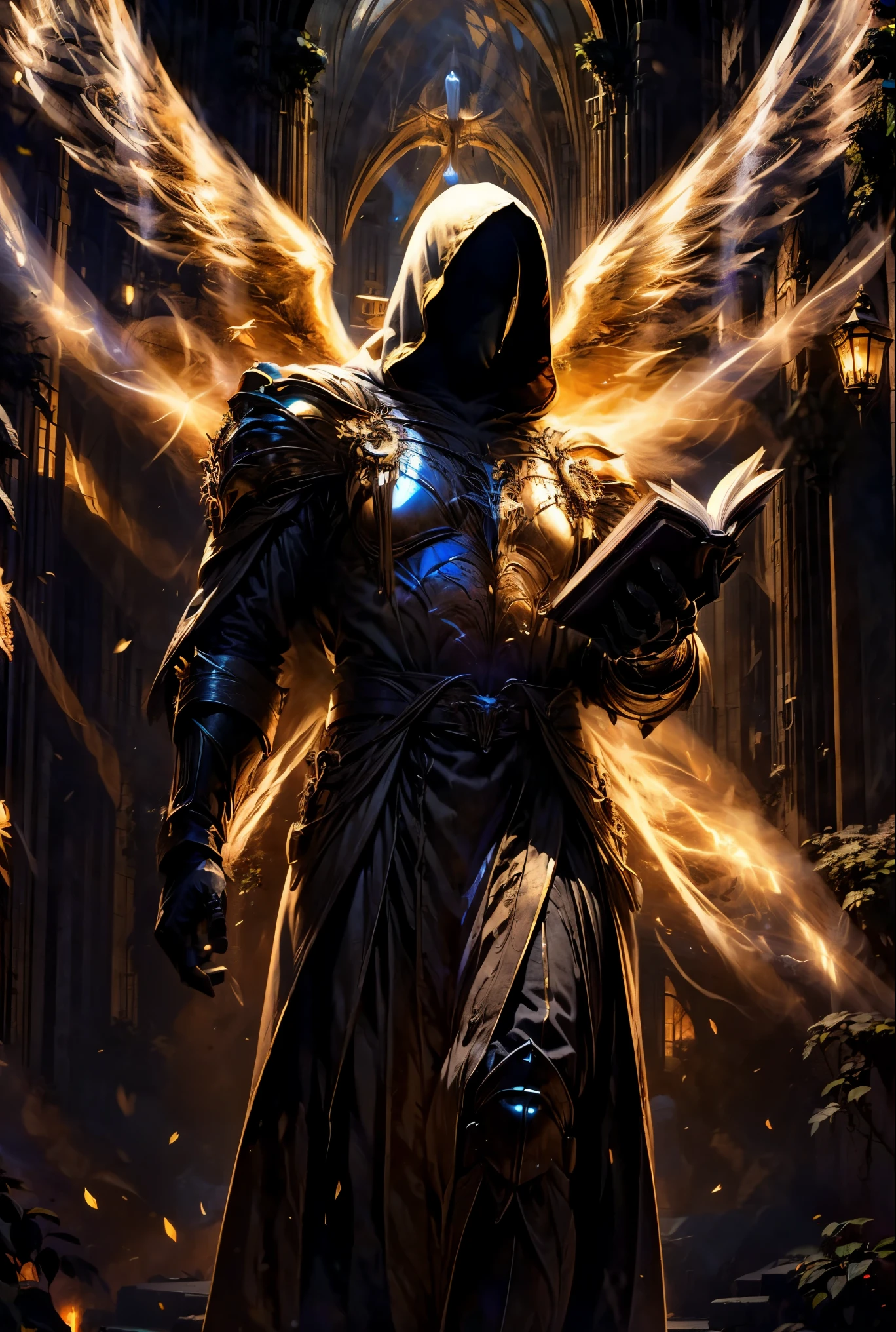 male, (((mysterious))), glowing eyes, hooded angel, (((holding a book))), battle archangel, angel white robes, holly light, energy, heaven gate